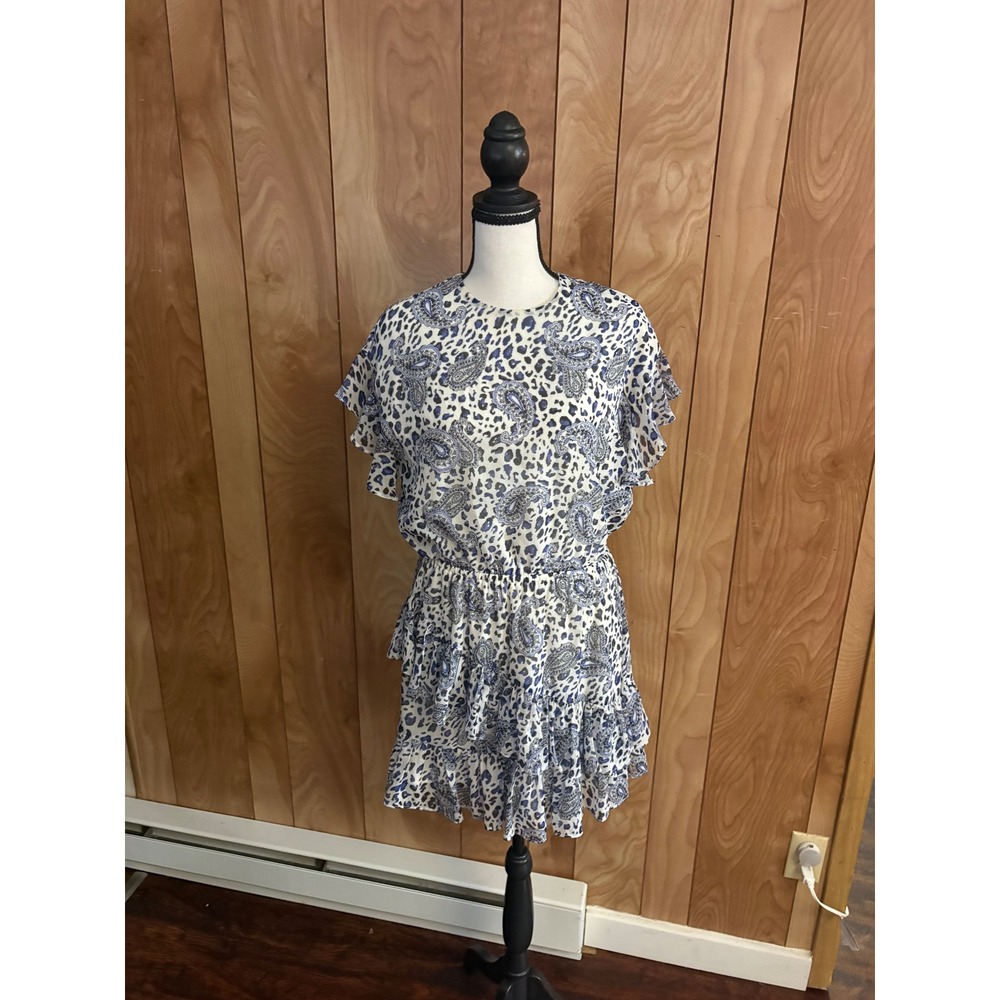 AQUA Blue White Leopard Paisley Ruffle Mini Dress XS Tiered Skirt Short Sleeve